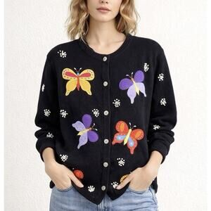 The Quacker Factory Butterfly Cardigan Sweater Embellished Butterfly Button Sz S
